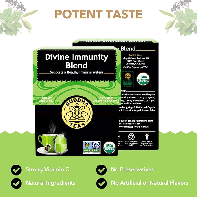 Buddha Teas - Organic Divine Immunity Blend - Herbal Tea - For Health & Wellbeing - With Antioxidants & Minerals - Clean Ingredients - Caffeine Free - OU Kosher & Non-GMO - 18 Tea Bags (Pack of 1)