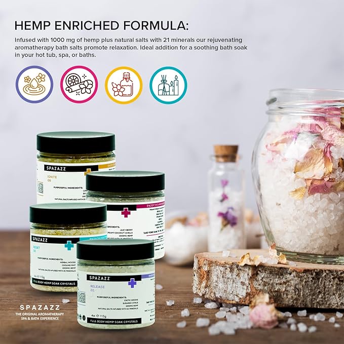 Spazazz Hot Tub Aromatherapy Full Body Hemp Soak Collection Sampler Pack - 4oz 1000 mg Hemp Spa Aromatherapy Hot Tub Bath Salt Crystals 4 Pack: Release 22, Reset 06, Unwind 17, Ignite 09