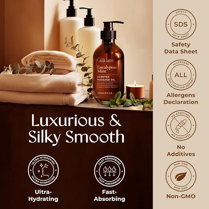 Gya Labs Eucalyptus Mint Massage Oil for Sore Muscles & Deep Relaxation - 6.76 fl oz - 100% All Natural Non-Greasy Body Massage Oil with Argan & Jojoba Oil for Men & Women - Professional & Home Use