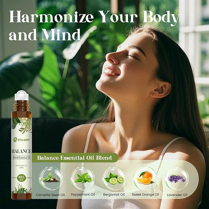 Essential Oils Roll On Set 3 Pack (Breathe, Focus on, Balance) - Essential Oil Blend Stress Relief Gift Aromatherapy Self Care Gift for Women, 3 * 10ml