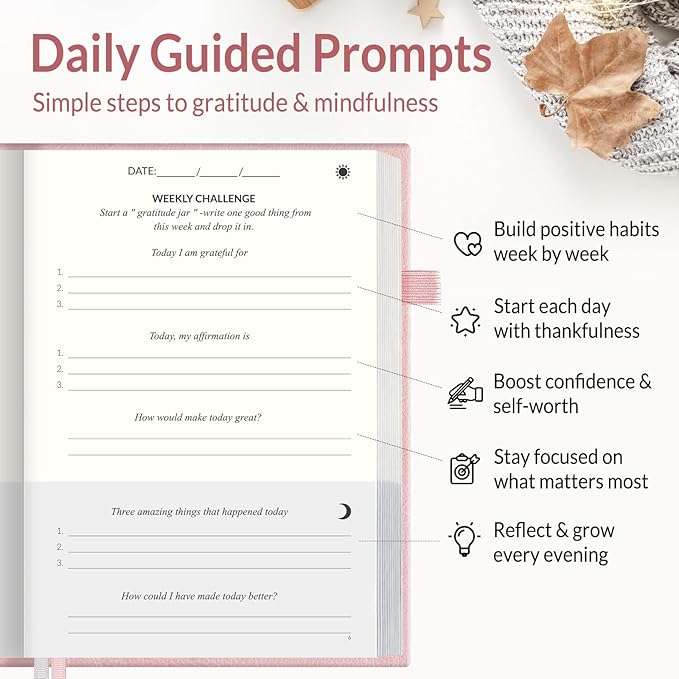 SUNEE Daily Gratitude Journal – Simple 5 Minute Journal for Daily Reflection, Build Positivity and Mindfulness, Undated Minimalist Planner for Women & Men (Pink)