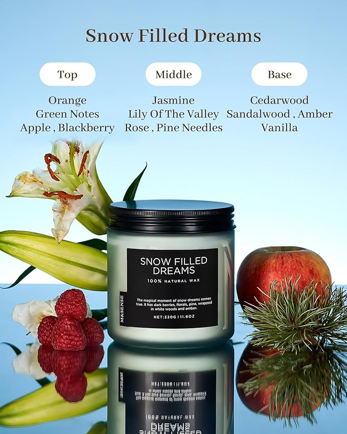 M&SENSE Snow Filled Dreams Winter Scented Candle, 11.6oz Natural Soy Wax 70 Hours Long Lasting 2 Cotton Wick Aromatherapy Gifts for Home Decor,Clean Candle for Men and Women