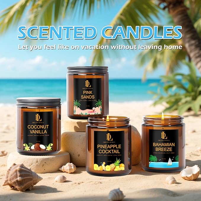 4 Pack Scented Candles Set, Natural Soy Candles for Home Scented, Gifts for Men Women Aromatherapy Candle Sets, Scents of Pink Sands/Coconut Vanilla/Bahamian Breeze/Pineapple Cocktail