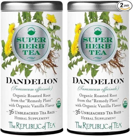 The Republic of Tea — Organic Dandelion SuperHerb Tea Tin, 36 Herbal Tea Bags, Naturally Caffeine-Free (Pack of 2)