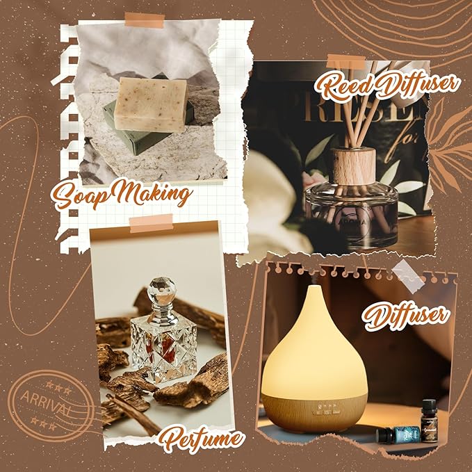 Woody Essential Oil Set, 6 Pure Wood Scents - Frankincense, Cedar, Sandalwood, Agarwood, Frosty Fir, Bamboo & Teak Essential Oils for Diffusers, Humidifiers, Cleaning, DIY Soaps & Candles