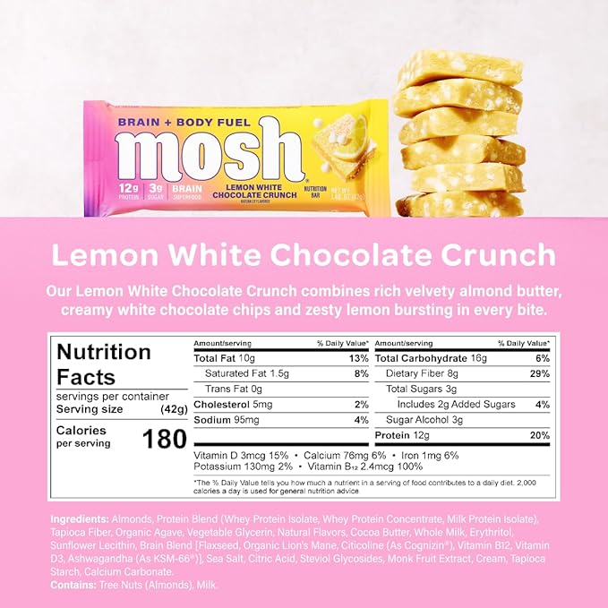 MOSH Lemon White Chocolate Keto Protein Bars, High Fiber, Low Carb, Gluten Free, High Protein, Brain Healthy Snack, 12 Count