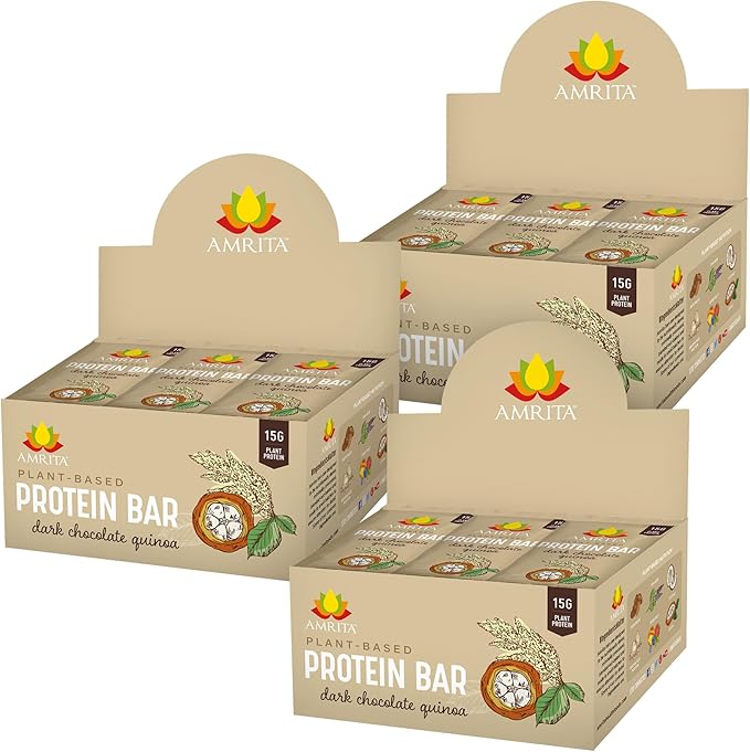 Amrita Nut Free Dark Chocolate Quinoa Vegan Protein Bars (12 CT PK of 3) | 12g Plant-Based Protein Bar | Peanut Free, Gluten Free, and Dairy Free | Low Sugar, High Fiber, Healthy School-Safe Snacks