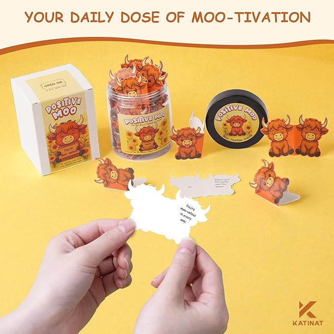 Positive Highland Cow Jar, 60 Affirmation Cards For Women, Girls, Mental Health & Stress Relief Support Gift, Highland Cow Gifts For Women, Coworker, Teen Girl Gift Trendy Stuff, White Elephant Gifts