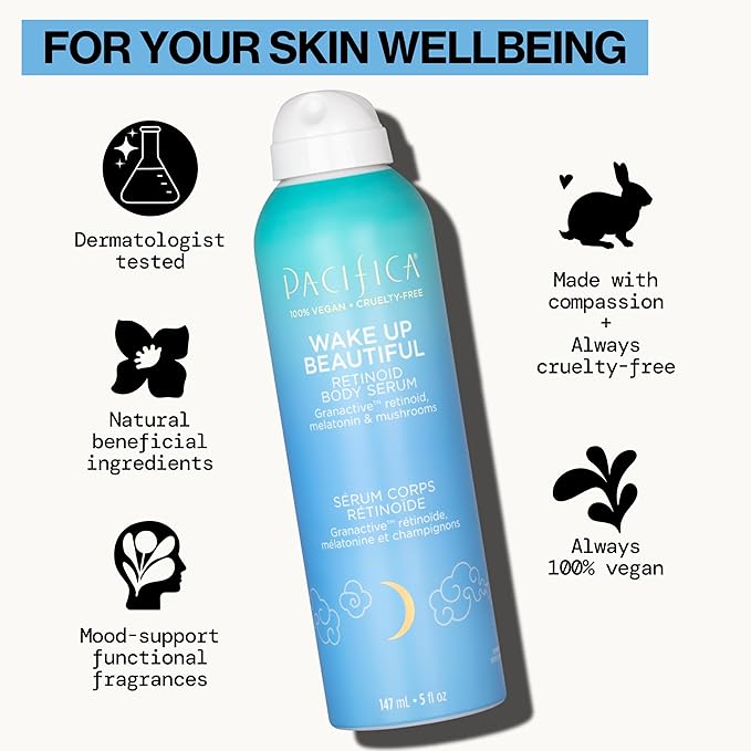 Pacifica Wake Up Beautiful Body Lotion & Serum Set of 2 – Overnight Body Treatment w/Granactive Retinoid, Mushroom & Melatonin, Hydrating Moisturizer Duo for Plumper Skin, Vegan & Cruelty-Free Clean