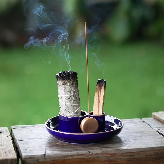 4 in 1 Incense Holder, Ceramic Incense Stick and Palo Santo Holder,Sage Holder for Burning- 5.5" Ceramic Ash Catcher Tray for Meditation and Yoga Room (Blue Golden)