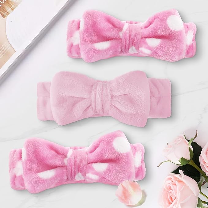 WILLBOND Spa Headband Bow Hairband Facial Makeup Women Face Wash Adjustable Skincare Headbands Flannel Towel Soft Head Wraps for Women Shower Washing Face(Sweet,24 Pieces)