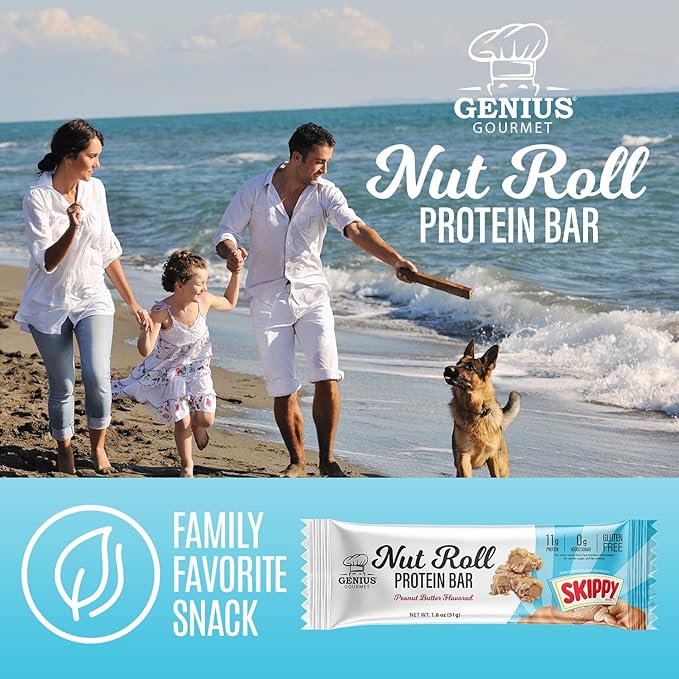 Genius Gourmet SKIPPY Peanut Butter Flavor Inspired Protein Nut Roll Bar,11g Protein per serving(18% DV), 0g Added Sugar, Carb Conscious Snack Bar, Gluten Free – 10 Count