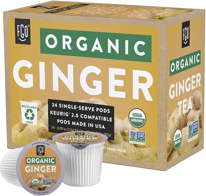 Organic Ginger Tea K-Cup Pods, 24 Pods by FGO - Compatible with Keurig - Naturally Caffeine-Free Herbal Tea, USDA Organic, Non-GMO, & Recyclable