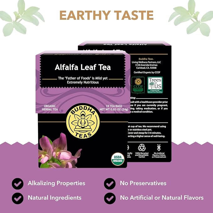 Buddha Teas - Alfalfa Leaf Tea - Herbal Tea - For Health & Wellbeing - With Vitamins, Minerals & Antioxidants - Clean Ingredients - Caffeine Free - OU Kosher - 18 Tea Bags (Pack of 1)