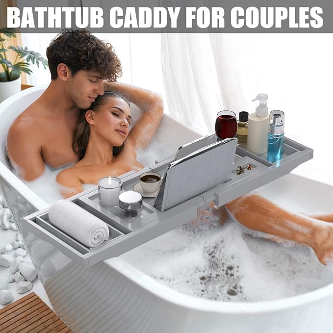 Bathtub Tray Caddy, Expandable Bath Trays for Tub, Bamboo Shelf & Table with Wine Glass Holder,Bathroom Accessories for New Home & Mothers Day & Birthday Gifts for Mom,Gray