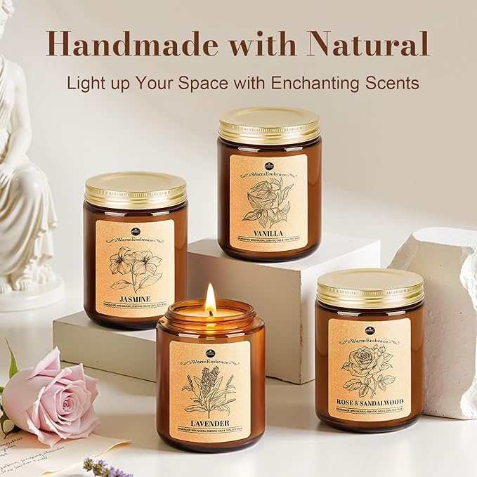 WarmEmbrace Lavender Candles, 4-Pack Scented Candle Set for Women, 7.6 oz Natural Organic Soy Wax in Glass Jar, 160 Hours Long-Lasting Burn, Perfect for Mom Girl Friend Birthday Gifting (4 Fragrance)