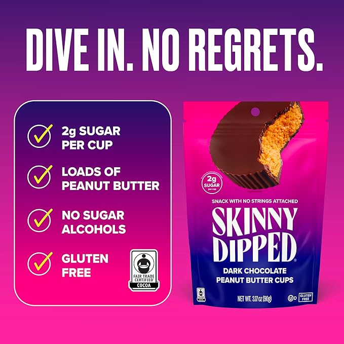 SkinnyDipped Dark Chocolate Peanut Butter Cups, 2g Sugar per Cup, Keto Friendly, Low Carb, Gluten Free, 3.2oz, 4 Pack (24 Cups Total)