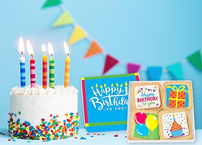 Happy Birthday Cookies 4 PACK Gift Basket for Kids Men Women | Decorated Sugar Cookie Gift Box | Individually Wrapped Party Favors Nut Free (Birthday, Standard Box)