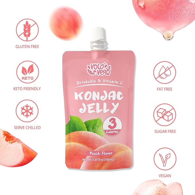 VOLO VERO Konjac Jelly Squeeze Pouch Peach Flavor, Low Calories (3 Kcal), 10 Packs, Gluten Free & Vegan, 0 Sugar, Keto, Low Carb, Drinkable Vitamin C Healthy Fruit Snacks, Holiday Gifts