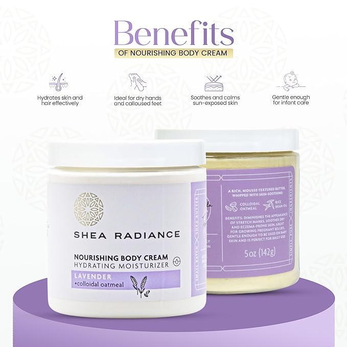 Shea Radiance Nourishing Body Cream with Colloidal Oatmeal | Hydrating Moisturizer for Sensitive Skin | Gentle Hydration with Long Lasting Moisture | Lavender Bliss 8 oz