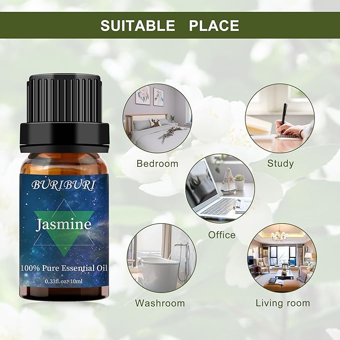 BURIBURI Jasmine Essential Oil, 100% Pure, Undiluted, Natural, Organic Aromatherapy Jasmine Oils 10ML for Massage, Diffuser, Soap Making Candle Making