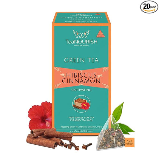 TeaNOURISH Hibiscus Cinnamon Green Tea | 20 Count Pyramid Tea Bags | Darjeeling Whole Leaf | 100% Natural Hibiscus Flower, Cinnamon & Clove | Delicious & Refreshing
