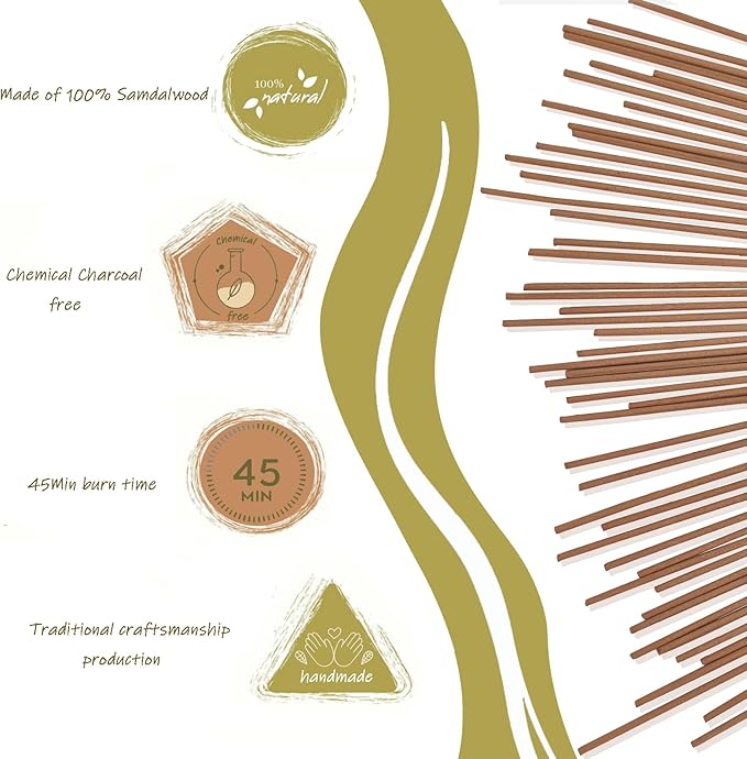 Sandalwood Incense Sticks, 120pcs Natural Sandalwood and Handmade Incense Sticks, Charcoal Free and 45 Minute Burn Time for Home Fragrance, Meditation, Yoga, Spiritual Healing