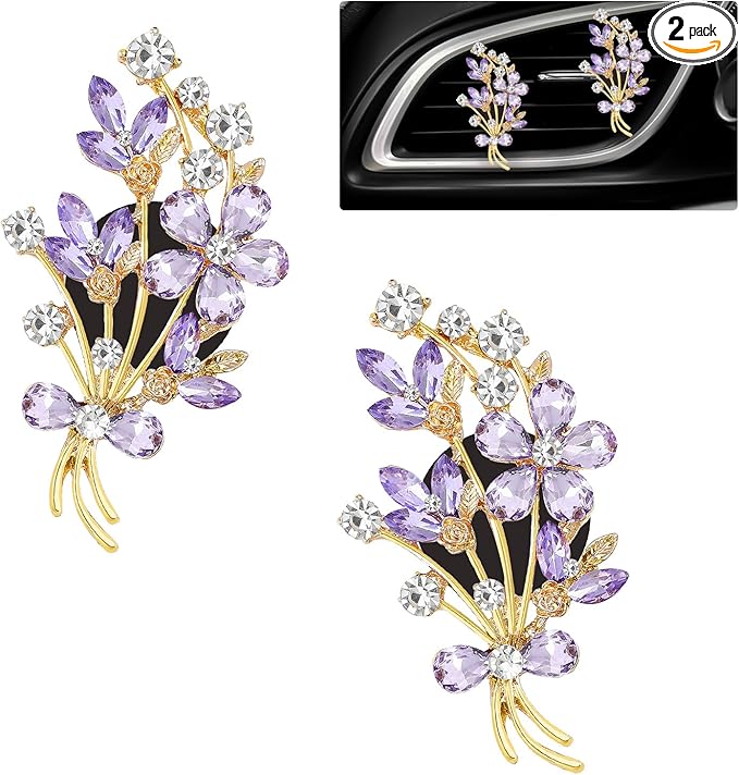 2pcs Flower Car Vent Clips Car Air Freshener Bouquets Flower Purple Car Accessories for Women Rhinestone Flower Air Vent Clips Car Decor,Sparkling Refillable Car Diffuser