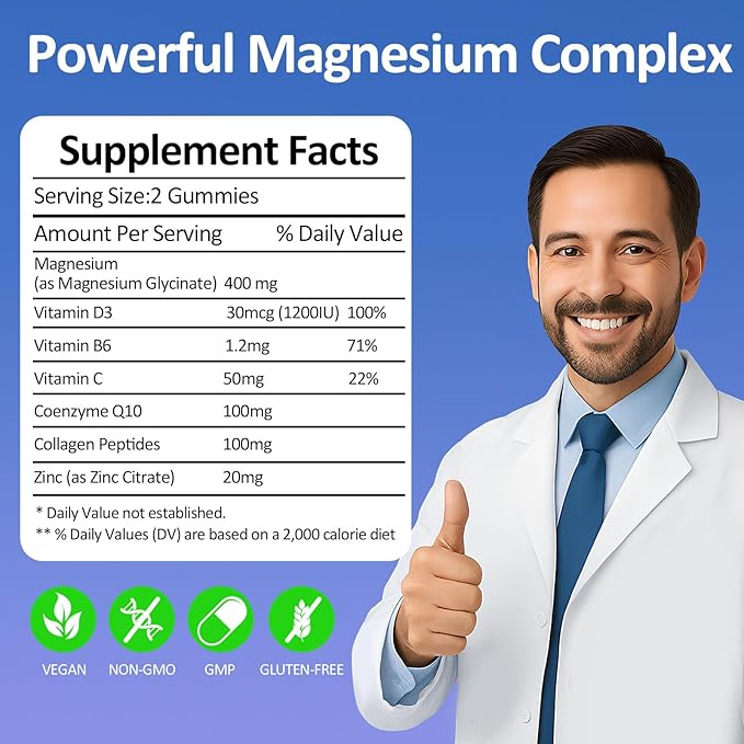 Magnesium Glycinate Gummies 400mg - Sugar Free Vegan Gummies for Adults & Kids with Vitamin D3, B6, C, CoQ10, Collagen, Zinc - Sleep, Muscle, Bone & Memory Support - 60 Blueberry Chewables