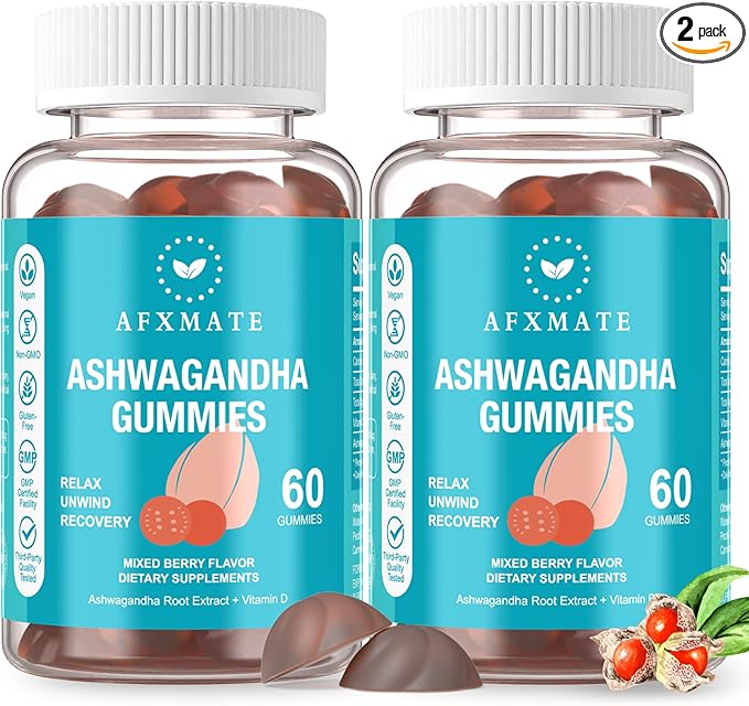 AFXMATE Ashwagandha Gummies & Vitamin D Gummies for Men & Women 120 Count Aswangdha Supplement (Non-GMO, Sugar Free & Gluten Free)