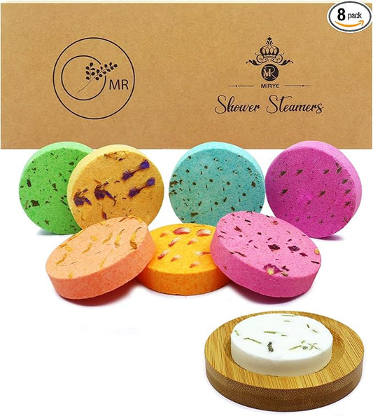Shower Steamers Aromatherapy - 8 Pack Organic Shower Bombs with Natural Essential Oil, Self Care and Stress Relief Birthday Gifts for Women Men, Home Spa Gifts for Her Mom Wife, w/Tray