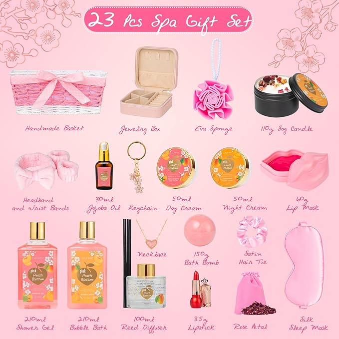 Mothers Day Gifts for Mom - 23-Piece Luxury Bath & Body Gift Basket for Women, Spa Kit for Her, Self Care Kit with Necklace, Diffuser & More | Perfect for Holiday, Christmas, Valentine's Day, Birthday