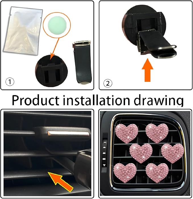 6 Pcs Heart-Shaped Crystal Diamond Air Vent Clip, Heart-Shaped Bling Charms Crystal Car Freshening Diffuser, Car Bling Interior Decorative Accessories for Women (pink)