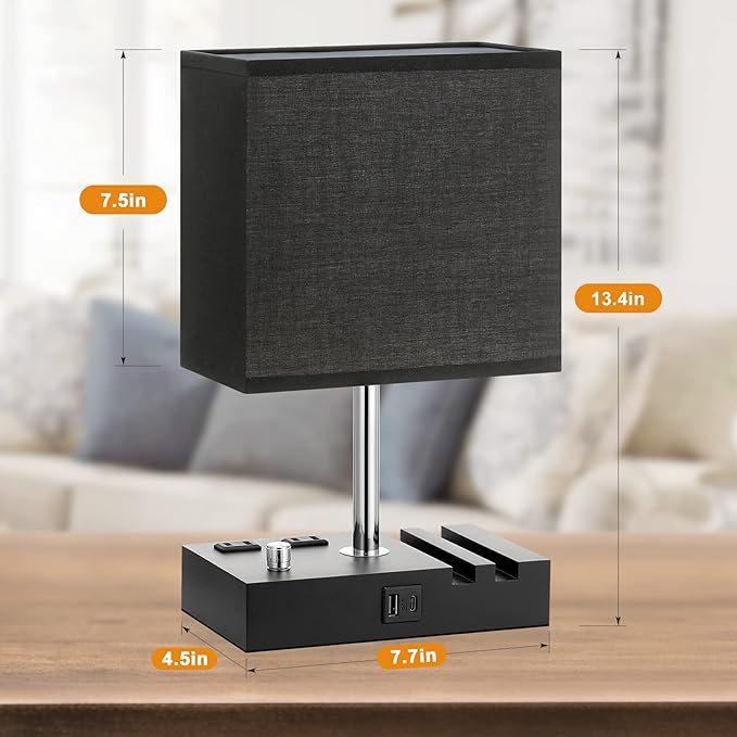 Fully Dimmable Bedside Lamps for Bedroom with USB C Ports, Kakanuo Black USB Table Lamp Set of 2, Wooden Desk Lamp with 2 Charging Outlets and Phone Stand for Nightstand and Living Room, Bulb Included