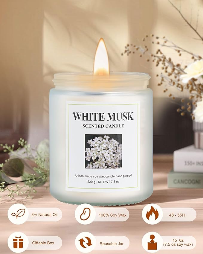 4 Pack White Musk Candle Set, 30 oz 200 Hour Home Aromatherapy Jar Candles, Long Lasting Aromatherapy Candles for Bedrooms Yoga Rooms Lounges Gardens Patios Balconies and Camping