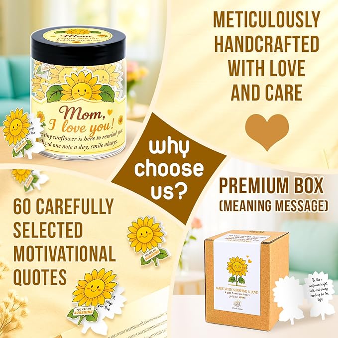 Mom Sunflower Gifts – I Love You Mom Gifts - 60 Positive Sunflower Daily Affirmation Cards Jar – Mothers Day, Christmas, Birthday Gift for Moms - Moms Gift from Daughter, Son, Kid