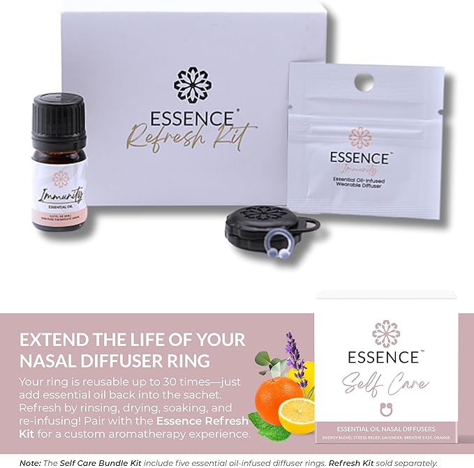 Essence Nasal Diffuser Self Care Bundle – Essential Oil Silicone Nose Rings for Stress, Energy & Mental Clarity – Wearable Aromatherapy Pack for Wellness & Mood Balance