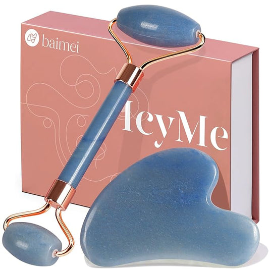 BAIMEI Jade Face Roller & Gua Sha, Facial Beauty Roller Skin Care Tools, Self Care Gift for Men Women, Massager for Face, Eyes, Neck, Relieve Fine Lines and Wrinkles - Blue