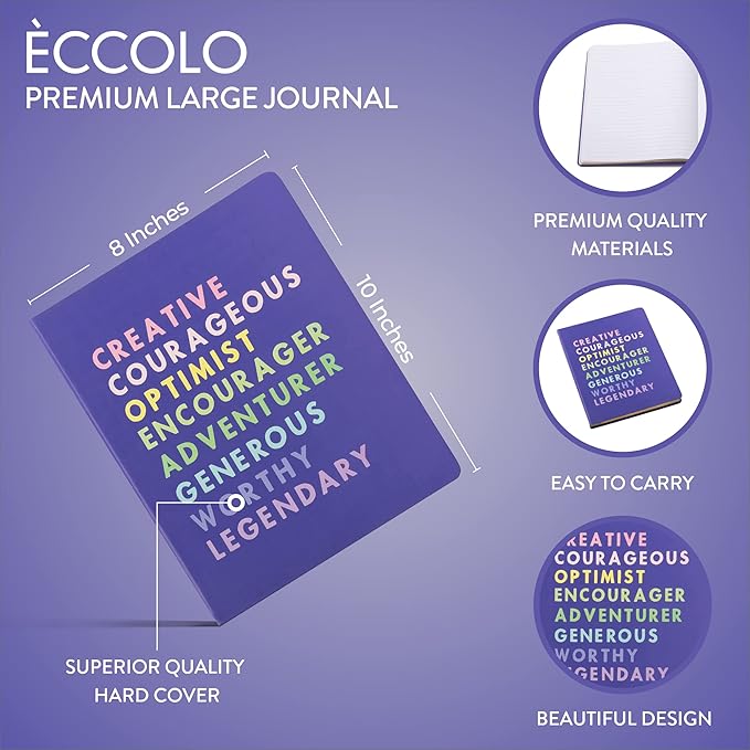 Eccolo Large Lined Journal Notebook, Hardbound Cover, Writing Journal, 256 Ruled Pages, Gilded Edge, Ribbon Bookmark, Lay Flat, Desk Size for Work or School, Creative List (Purple, 8x10 inches)