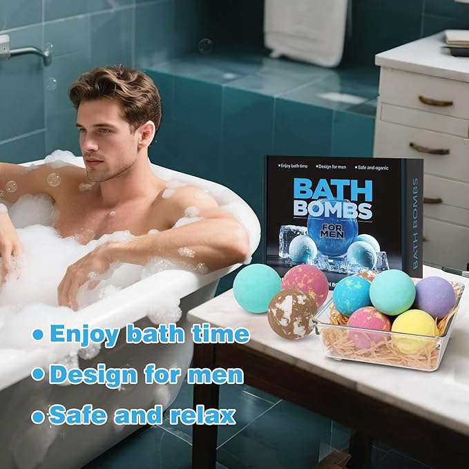 Bath Bombs for Men, 8 Pack Organic Bath Bombs Set with Natural Essential Oils, Relaxing Gifts for Men & Women, Father's Day Birthday Easter Gift for Husband Boyfriend