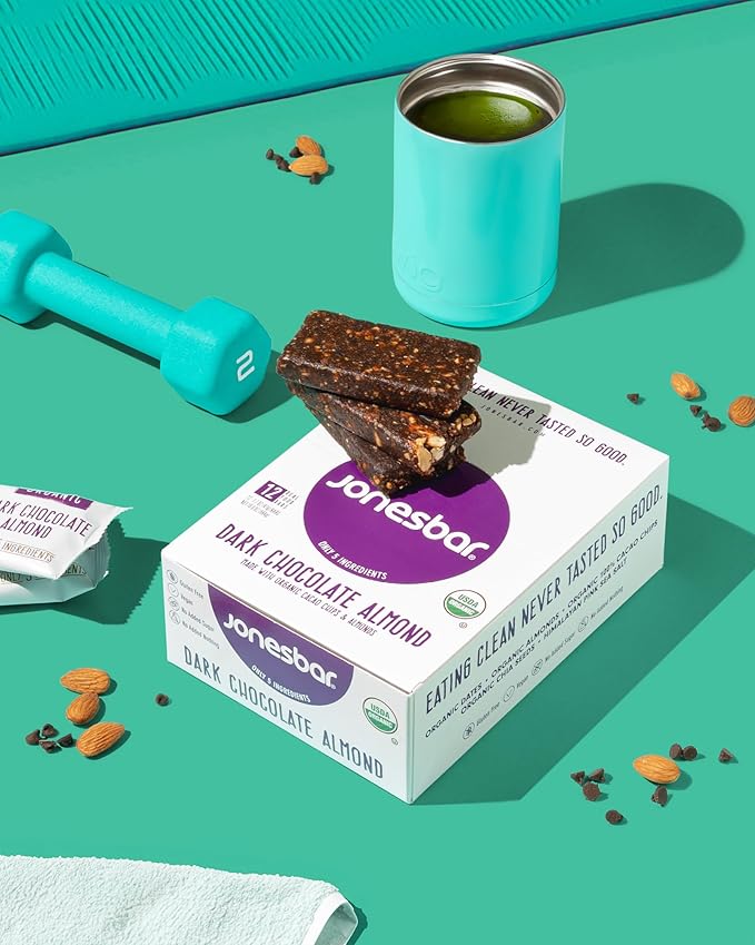 JONESBAR (Dark Chocolate Almond, (12 Count (Pack of 1)), USDA Organic Fruit & Nut Bar, Non-GMO, Kosher, Vegan, Gluten Free, Simple Snack Bar