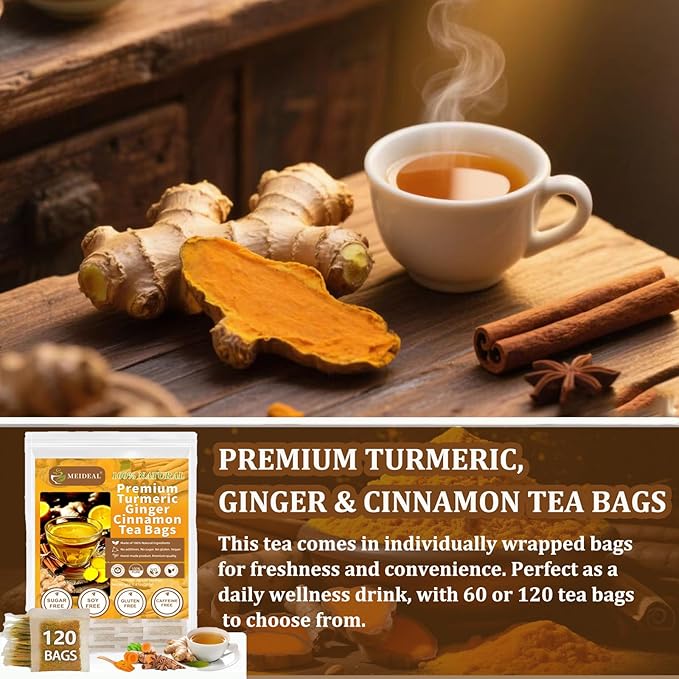 120 Bags Premium Turmeric Ginger Cinnamon Tea, 100% Natural Ingredients Blend, Pure Turmeric Ginger Herbal Tea for Wellness, No Additives, No Sugar, No Caffeine, Vegan (120 Bags)
