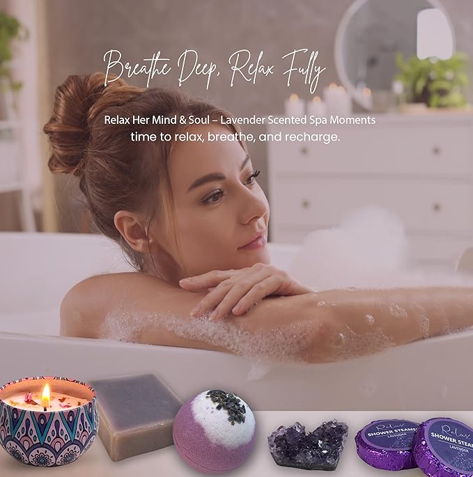 Lavender Gift Box for Women โ Birthday Gift for Her, Spa Gift Set, Relaxing Self Care Package for Mom, Wife, Sister, Best Friend โ Stress Relief Gifts for Women