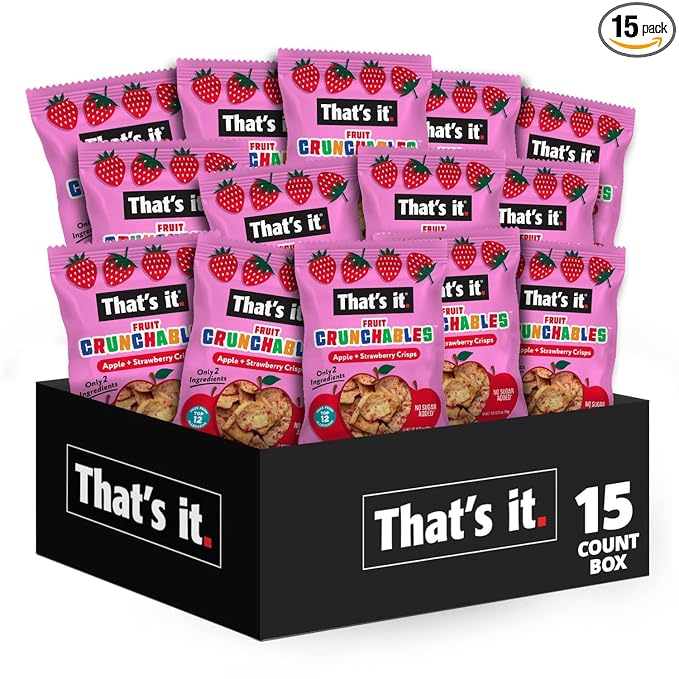 That’s it. Fruit Crunchables Apple + Strawberry Crisps, 15-Pack – 100% Real Fruit Snacks for Kids, Plant-Based, Non-GMO, Gluten-Free, No Sugar Added, Allergen-Free, Healthy Lunchbox Snack