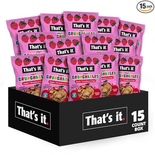 That’s it. Fruit Crunchables Apple + Strawberry Crisps, 15-Pack – 100% Real Fruit Snacks for Kids, Plant-Based, Non-GMO, Gluten-Free, No Sugar Added, Allergen-Free, Healthy Lunchbox Snack