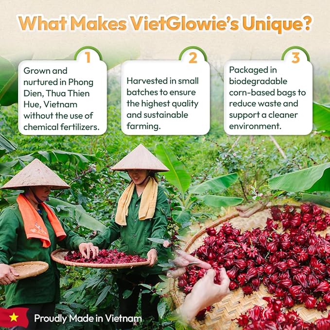 VietGlowie 30 Hibiscus Pyramid Tea Bags, 2.5g/Bag to 33oz, Hibiscus Flower Loose Leaf Herbal Tea, Refreshing & Tart, Caffeine-Free, 100% Natural, Corn-Based Tea Bags