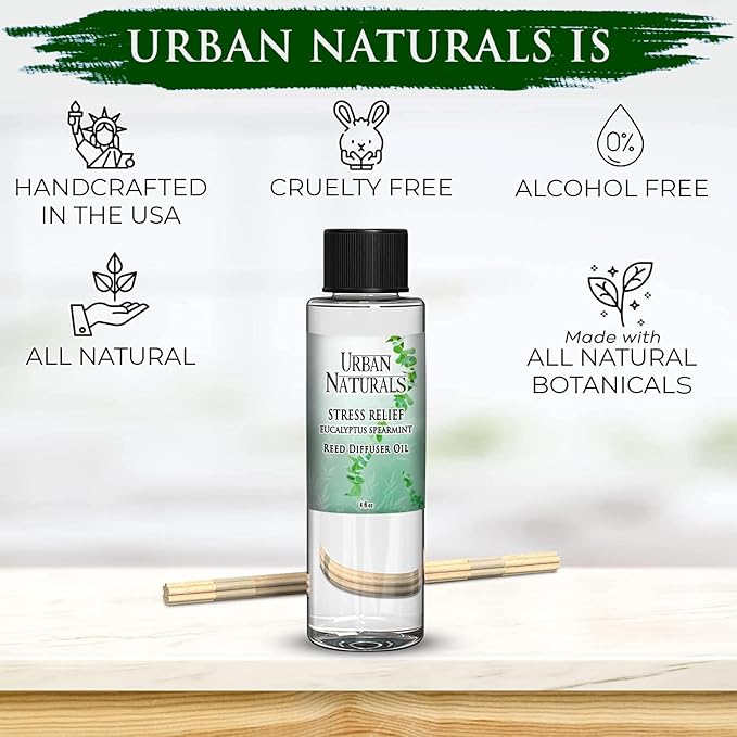 Urban Naturals Stress Relief Eucalyptus Spearmint Reed Diffuser Oil Refill | Fill Your own DIY Diffuser Bottle! Includes Replacement Reed Sticks