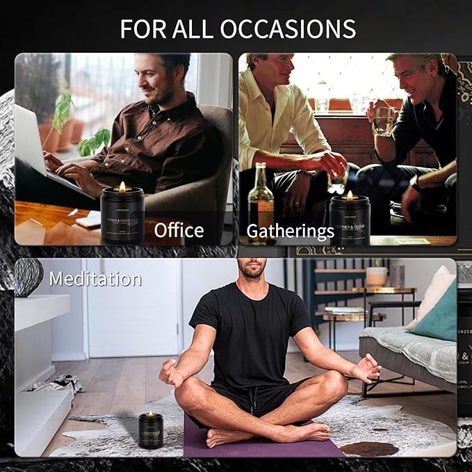 4 Pack Manly Scented Candles for Men Burn Time 200h Soy Candle Set for Home 7Oz Wood Wick Aromatherapy Candles for Relaxation Scented Leather Cedar/Lavender/Amber Sandalwood/Vanilla Candles