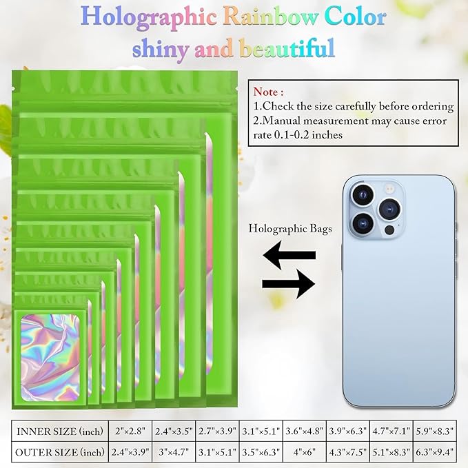 100 Pieces Smell Proof Mylar Resealable Bags, Holographic Packaging Bags, Resealable Odor Foil Pouch Zipper Bag with Clear Window for Food Storage and Lipgloss, Jewelry Lash(Green, 3.1 x 5.1 Inch)