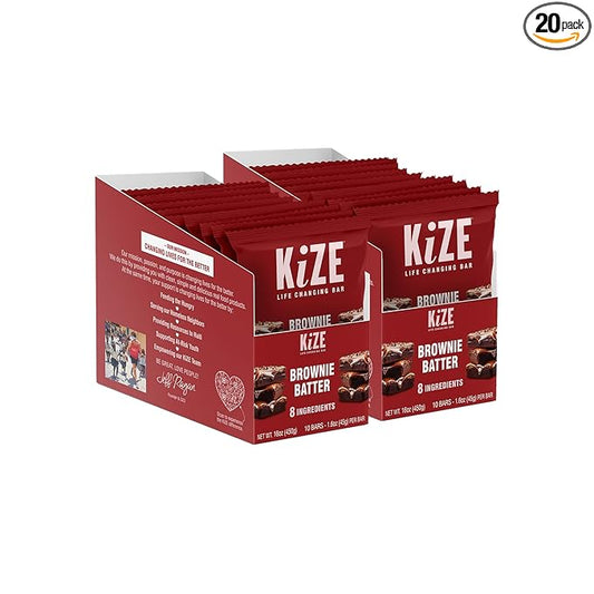 KiZE Energy Bars - Brownie Batter - 20-Count - Almond-Butter-Based, Gluten Free, Dairy Free, Non-GMO, and High Protein Meal Replacement Energy Bars, Clean and Simple Food Ingredients - 10g High Protein Snacks (20 Count)
